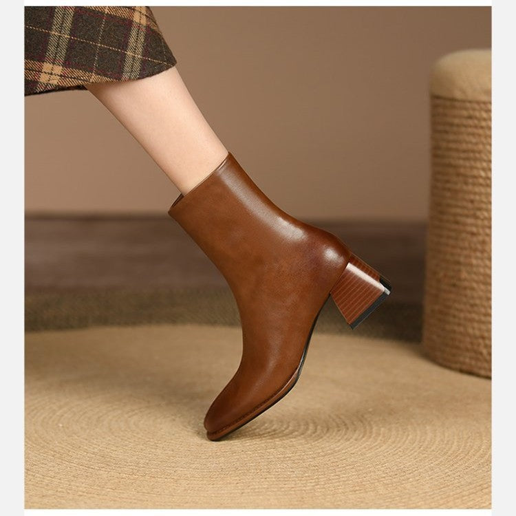 Chunky Heel Side Pull Leather Look Boots