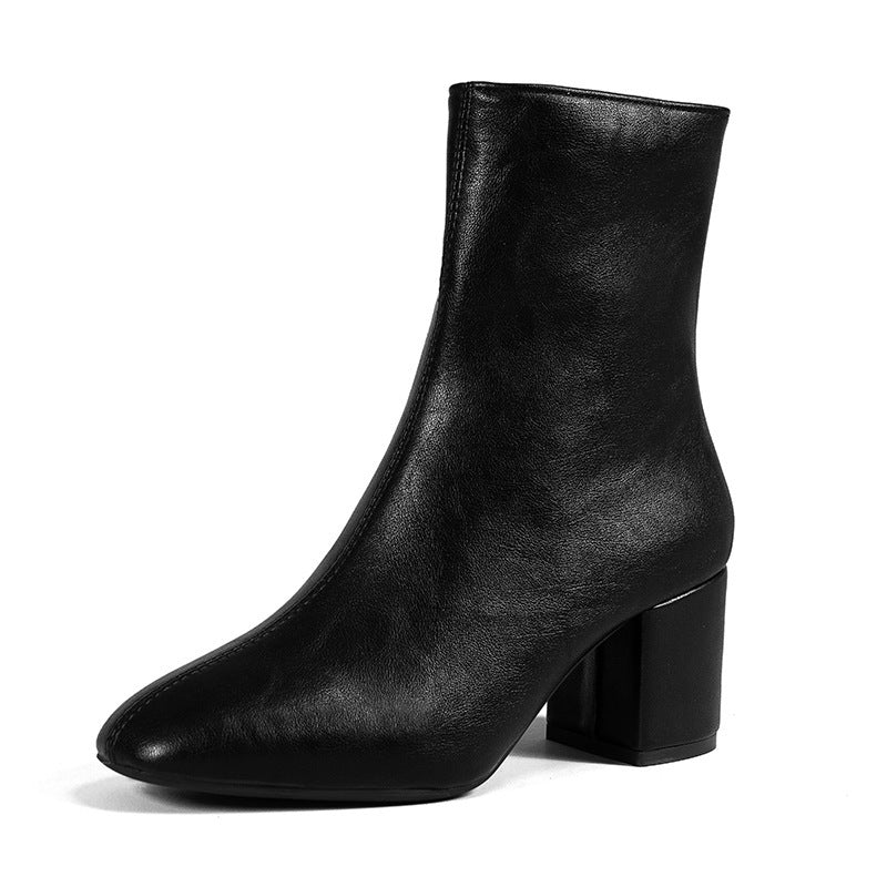 Chunky Heel Pointed Toe Boots With Side Zipper Fashion Mid-calf Boot